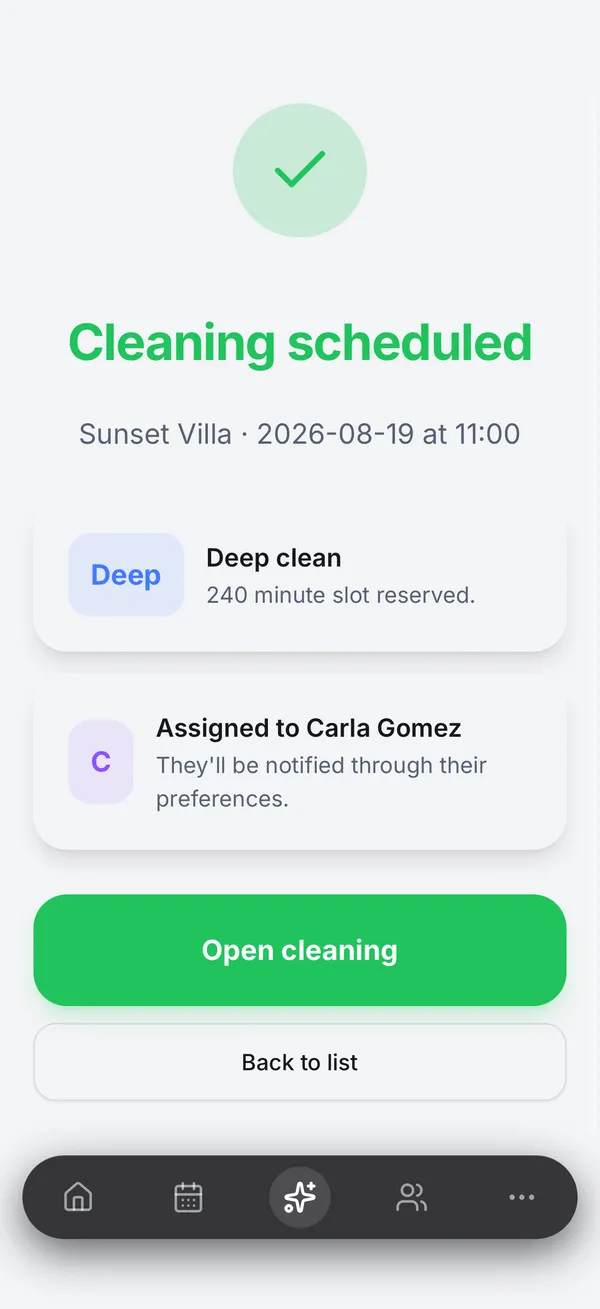 Cleaning scheduled and assigned to a cleaner in the VivaClean app